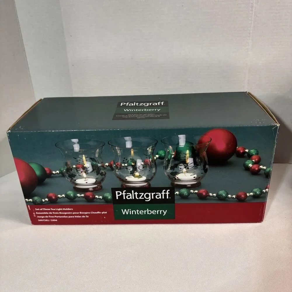 Pfaltzgraff Winterberry Set 3 Tea Light Candle Holders Glass Christmas Holiday